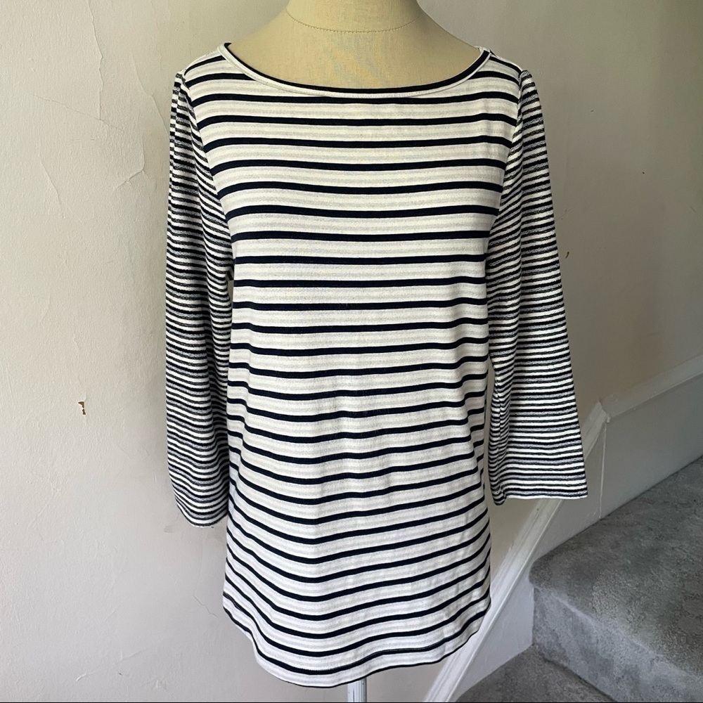 Three Dots Striped Cotton Blend 3/4 Sleeve Top EUC Size Medium Style VB40018